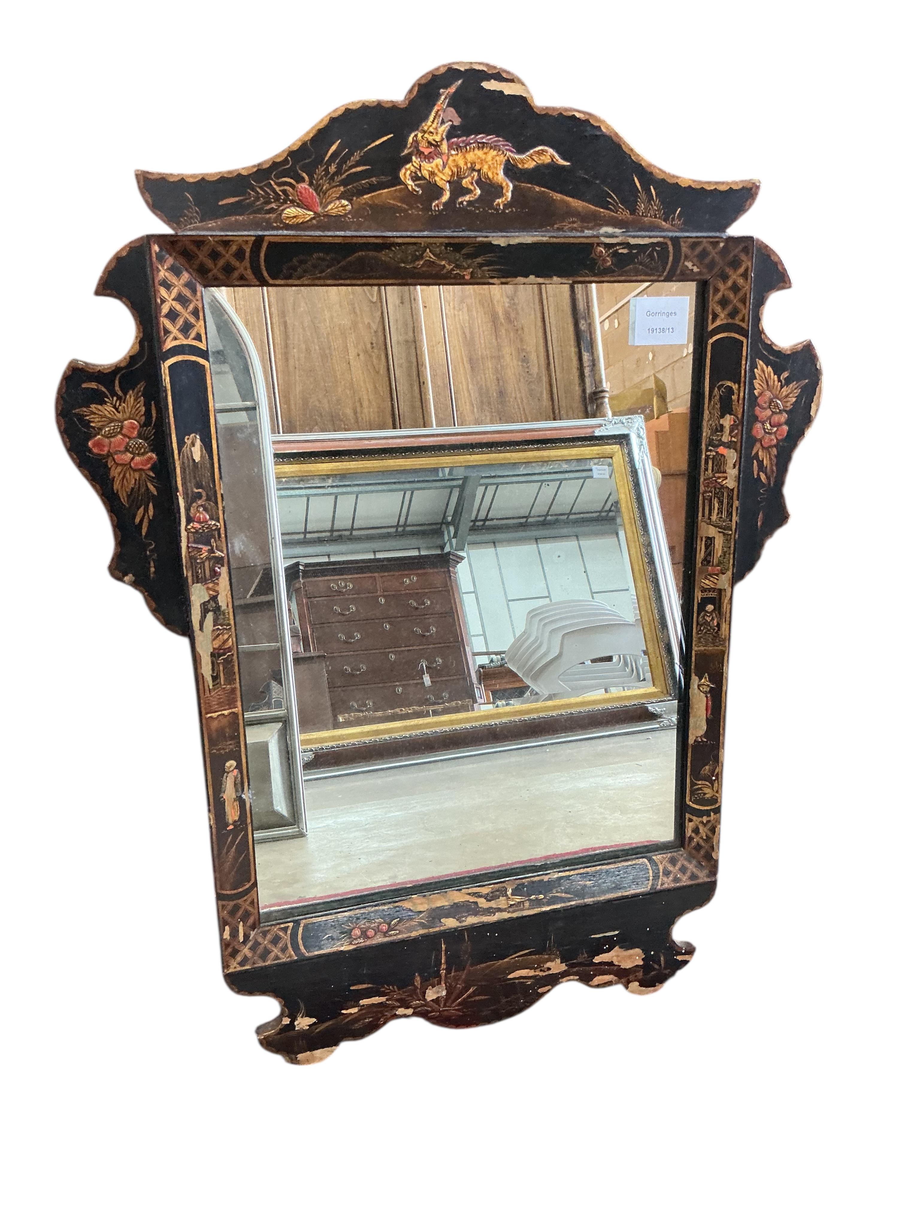 A chinoiserie lacquer fret cut wall mirror, width 53cm, height 72cm
